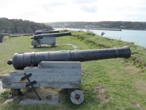 Old cannon on the old fort overlooking Fishguard Harbour